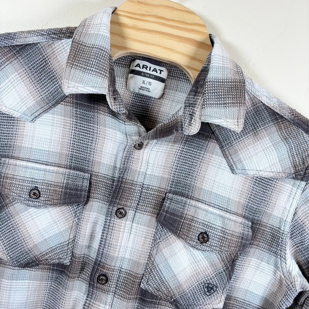 Ariat Mens Hickory Retro Thermal L/S Button Up Shirt Tan Plaid Waffle Western XL